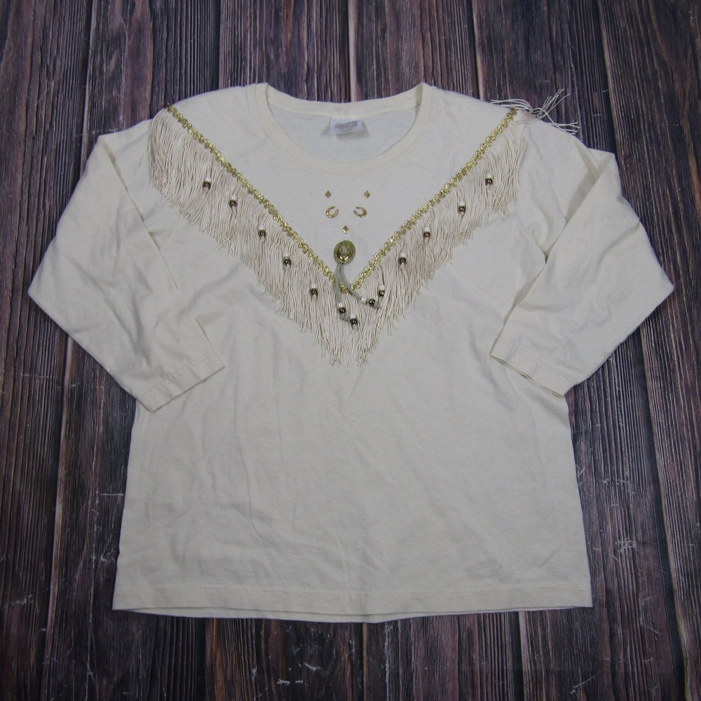 Hazelwoods Womens Medium White Western Fringe Beaded Long Sleeve T Shirt Top